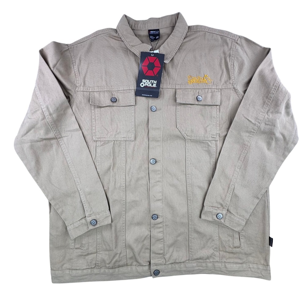 Southpole Mens 2XL Khaki Denim Trucker Jacket Embroidered Streetwear NWT